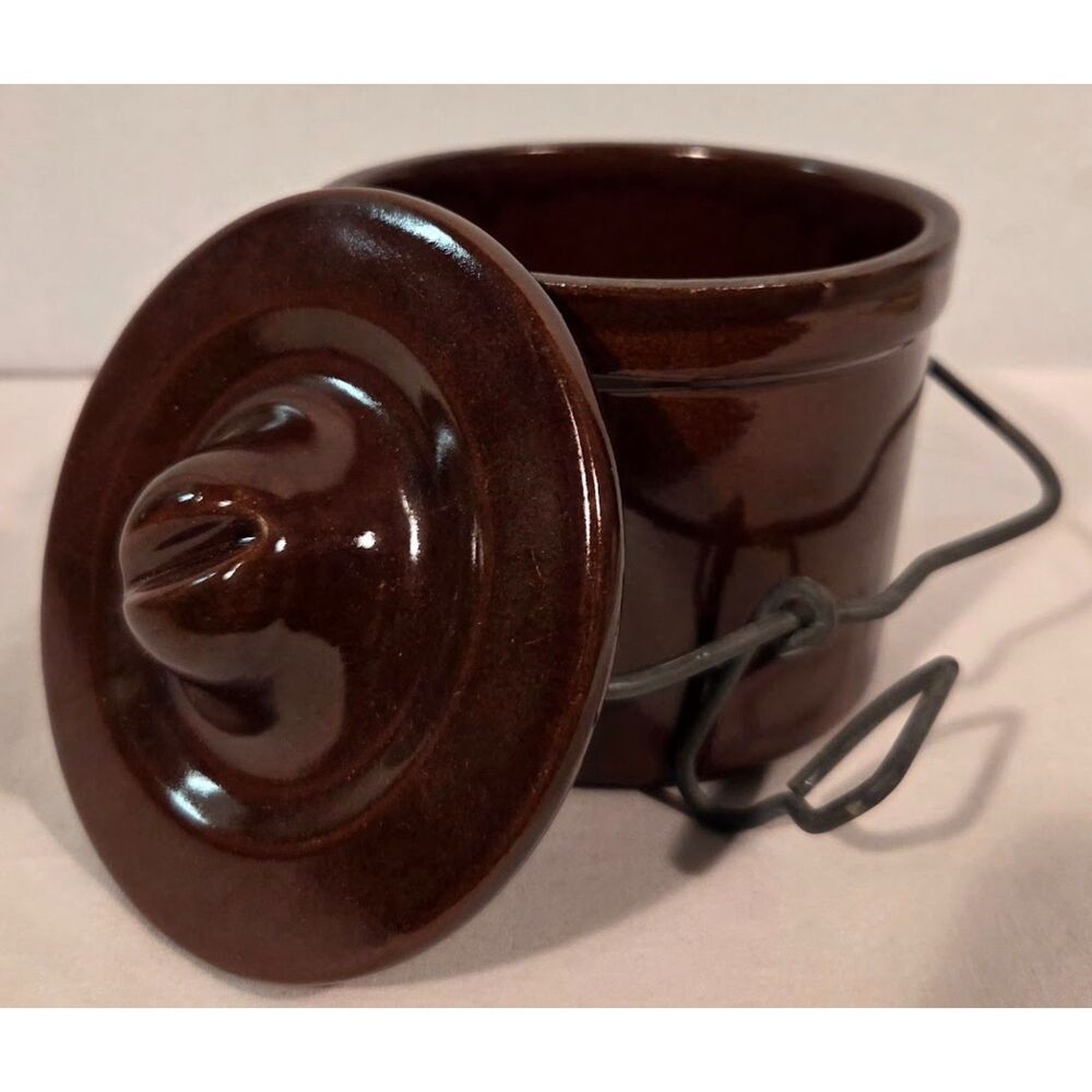 Vintage Brown Stoneware Crock Jar w Lid & Metal Bail Handle Rustic Kitchen Crock